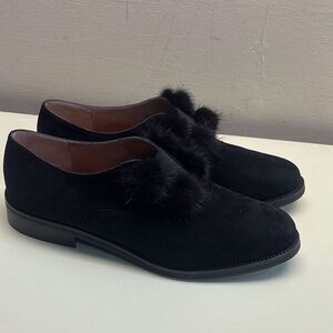 GIOVANNA GRAZZINI MADE IN ITALY LEATHER Black Suede Flats with Fuzzy Accent